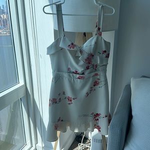 Black Halo White Floral Print Sweetheart Crossover Ruffle Dress